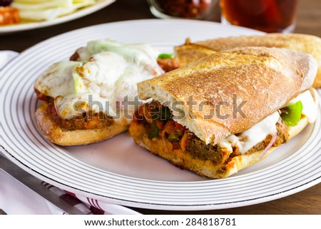 Meatball sandwich on the plate in Italian restaurant.