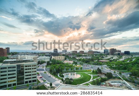 Denver, Colorado, USA-June 5, 2015. Aerial view of urban park in business park.