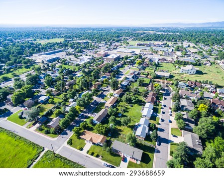 Aerial view of residential neighborhood in Lakewood, Colorado.