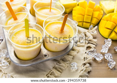 Homemade low calorie popsicles made with mando, pineapple and cocconut milk.