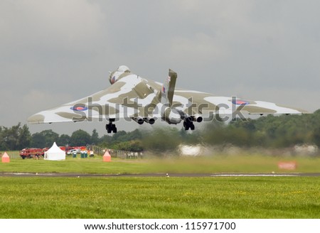 ROYAL INTERNATIONAL AIR TATTOO, FAIRFORD, UK - JULY 08: Avro Vulcan XH558 performing display at the Royal International Air Tattoo, RAF Fairford, July 08, 2012.