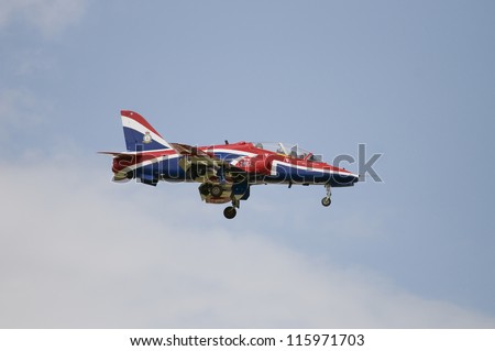 ROYAL INTERNATIONAL AIR TATTOO, FAIRFORD, UK - JULY 08: BAE Systems Hawk military aircraft with Union Flag livery performing at the Royal International Air Tattoo, RAF Fairford, July 08, 2012.