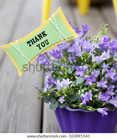 purple flower pot with flowers and a thank you note