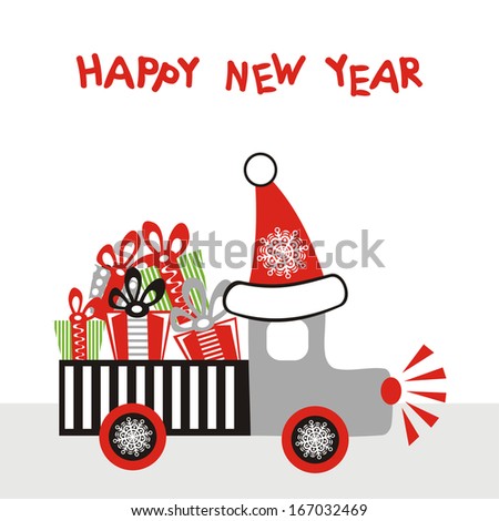 Happy new year card car with gifts illustration