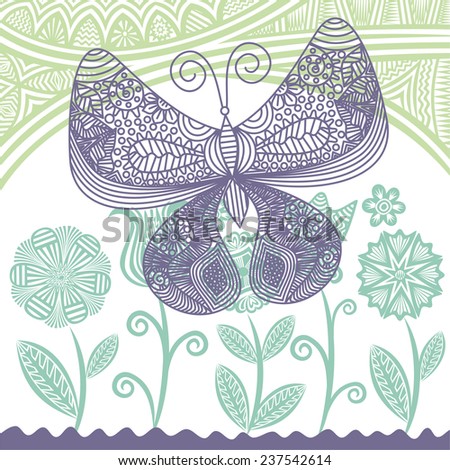 Beautiful butterfly and flowers summer background vector illustration