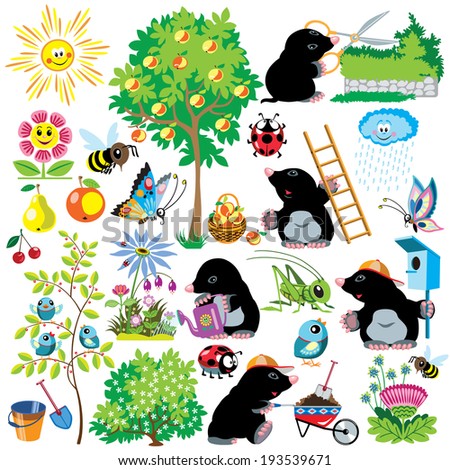 cartoon set with mole working in a garden gardening collection for little kids images isolated on white cartoon set with mole working in a garden gardening collection for little kids images isolated on white