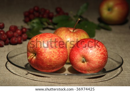 Apples on off-focus textile background. Abstract still-life on linen backdrop. Close-up composition. Focus located where it works best.