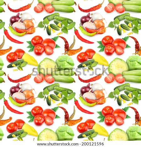 Seamless pattern with vegetables, spices, leafs and flowers. Placed on white background. Close-up. Studio photography.