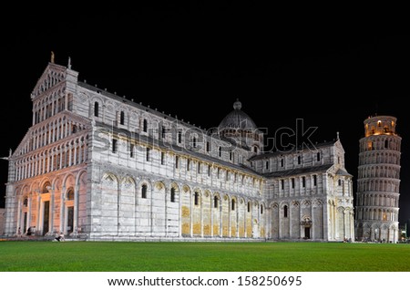 Perspective of the Cathedral and the Tower of Pisa at night