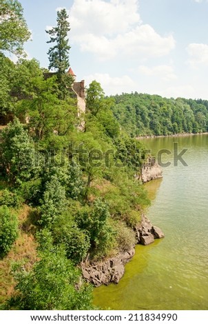 Water reservoir with green water and rocky shore