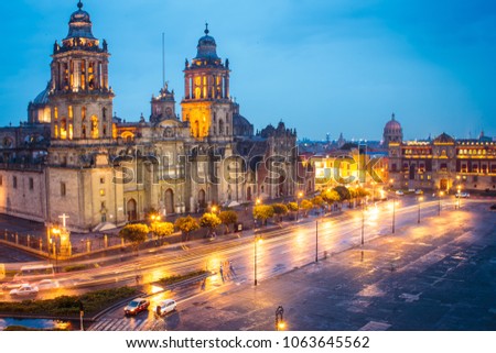 Metropolitan Cathedral and President\'s Palace in Zocalo, Center of Mexico City Mexico Sunrise night.