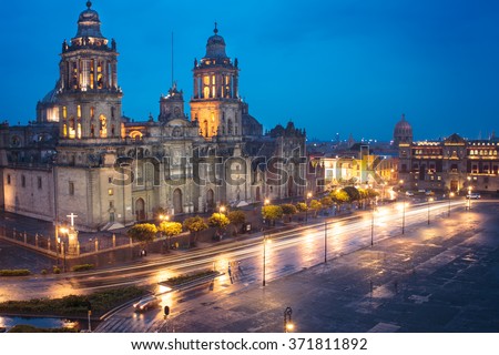 Metropolitan Cathedral and President\'s Palace in Zocalo, Center of Mexico City Mexico Sunrise night.
