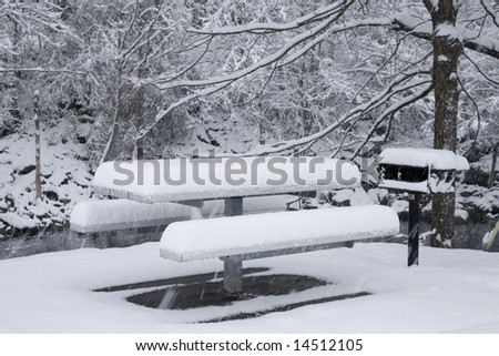 Picnic Table, Snowy Landscape, Gatlinburg, Tennessee