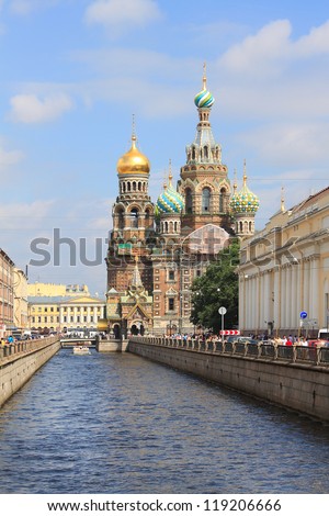 Church on Spilt Blood and Griboyedov Canal in St. Petersburg, Russia. This Church was built on the site where Tsar Alexander II was assassinated and was dedicated in his memory.