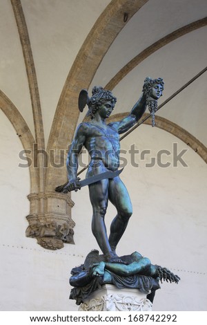 FLORENCE, ITALY - CIRCA SEPTEMBER 2012: Benvenuto CelliniÃ¢Â?Â?s 1545 bronze sculpture of Perseus with the head of Medusa. Located in the Loggia dei Lanzi of the Piazza della Signoria in Florence