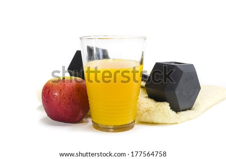 Black gym dumbbell,yellow towel and orange juice, isolated on white background.