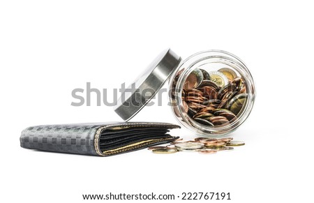 black leather men purse and coins , isolated on white background