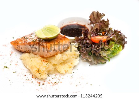 Steak Salmon with mash potato and Salad on white background