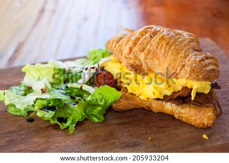croissant ham bacon with eggs and salad, sandwich recipe