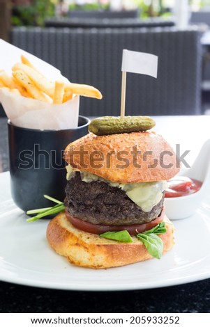 Wagyu Kobe Beef Steak burgers, Hamburgers with Sweet Potato Fries