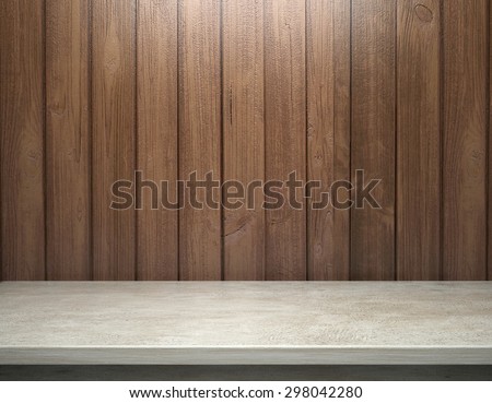 White concrete table with wooden plank wall