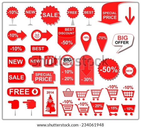 Red labels with the offer of discounts and indexes