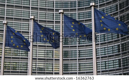 European flags in front of the Berlaymont building of the European commission in Brussels.