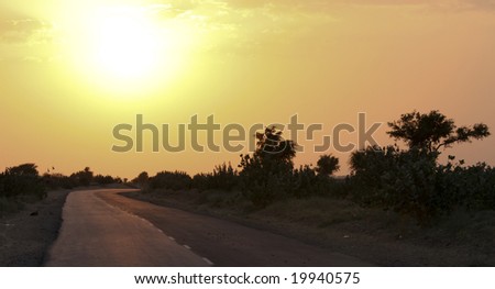 A road in India\'s Rajasthan province, the sun and warm yellow sky.