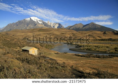 Landscape with mountain cabin in Torres del Paine national park, Chile
