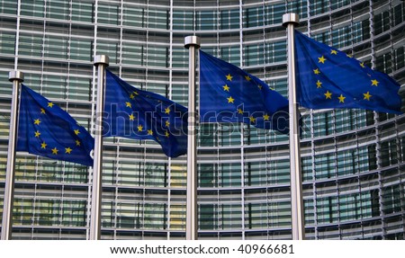 European flags in front of the Berlaymont building of the European commission in Brussels.