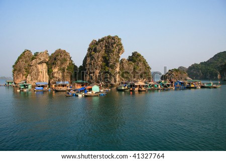 Floating village of Vietnamese boatpeople in Halong Bay.