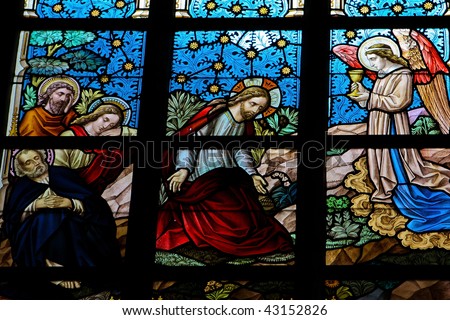 Jesus in the garden of Gethsemane, leaded glass window in Alsemberg church; Belgium (made in 1895)