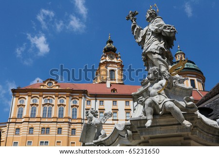Stift Melk, famous Benedictine monastery in baroque style. The monastery and statue were made in the beginning of the 18th century (finished in 1736)