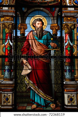 Saint Paul the Apostle. Stained glass window in the German Church in Gamla Stan, Stockholm.