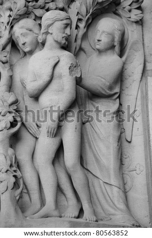Expulsion of Adam and Eve from the Garden of Eden, sculpture at the Notre Dame cathedral in Paris