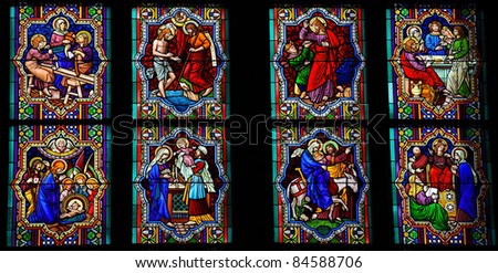 Scenes in the life of Jesus Christ, church window in Cologne Cathedral.