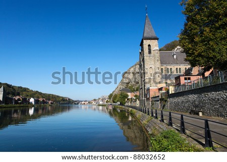 Church of Anseremme, Dinant, Belgium at the Meuse river in the heart of the Belgian Ardennes.