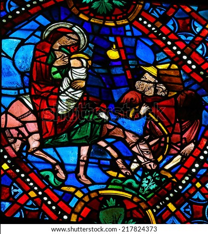 LEON, SPAIN - JULY 17, 2014: Stained glass window depicting the Holy Family traveling to Egypt in the cathedral of Leon, Castille and Leon, Spain.