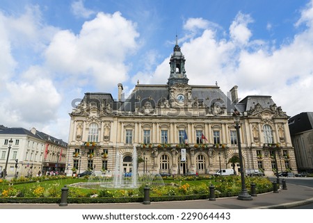 TOURS, FRANCE - AUGUST 14, 2014: Town Hall and Place Jean Jaures in Tours, France.