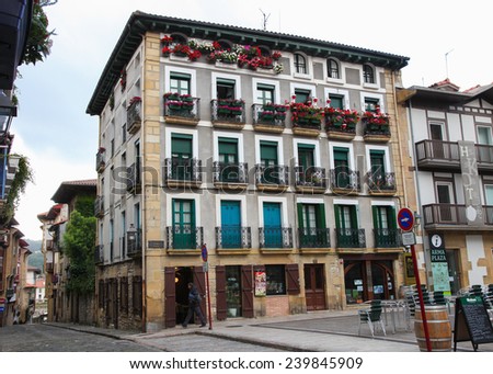 HONDARRIBIA, SPAIN - MAY 26, 2014: Houses at the Plaza Arma in the Port Area in Hondarribia, a town in Gipuzkoa, Basque Country, Spain, near the French border.