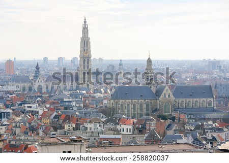 Aerial view on the Cathedral of Our Lady  and the Church of Saint Paul in Antwerp, Belgium.