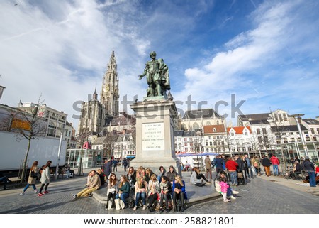 ANTWERP, BELGIUM - MARCH 7, 2015: View on the Groenplaats, the Central Square of Antwerp, Belgium, with the Statue of Rubens and the Cathedral of Our Lady.
