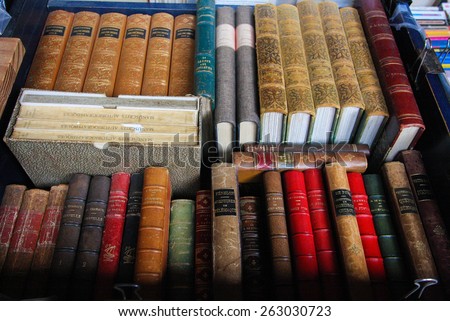 LILLE, FRANCE - NOVEMBER 1, 2009: Old books on display at an antique book market in Lille, France.