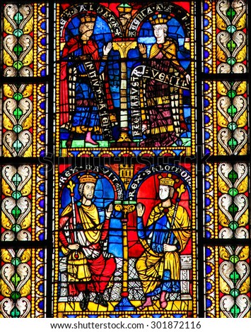 STRASBOURG, FRANCE - MAY 9, 2015: Stained glass depicting King Solomon and King David in the cathedral of Strasbourg, France