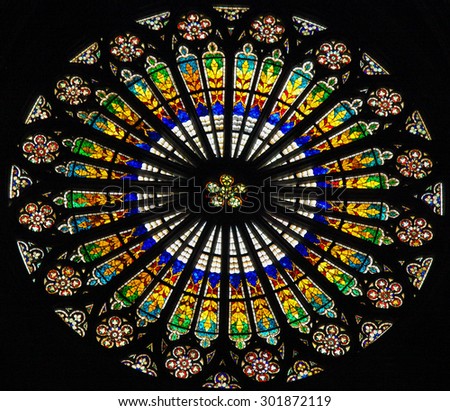 STRASBOURG, FRANCE - MAY 9, 2015: Rose window in the Notre Dame cathedral of Strasbourg, France