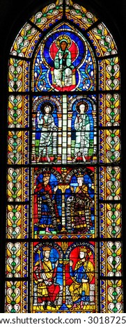 STRASBOURG, FRANCE - MAY 9, 2015: Stained glass depicting King Solomon and King David in the cathedral of Strasbourg, France