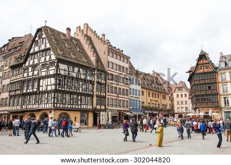 STRASBOURG, FRANCE - MAY 9, 2015:  Half-timbered houses in the district Petite France in Strasbourg, capital of the Alsace region in France.