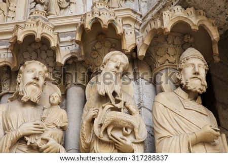 Statues of Catholic Saints at the Cathedral of Our Lady of Chartres, a medieval Catholic cathedral in Chartres, France, about 80 kilometers southwest of Paris.