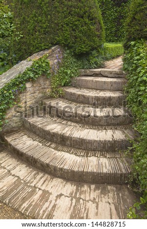 Garden steps and path through hedges