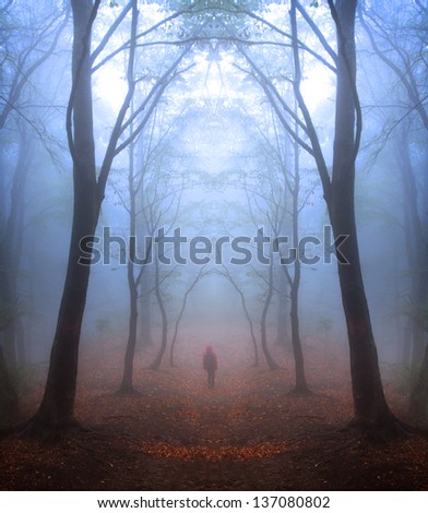 Mystic forest with red leaves and blueish atmosphere (fairytale)